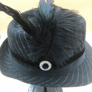 Vintage-Style Black Pinstripe Fedora Hat w/ Feather & Rhinestone Accent